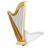 Pixelated harp icon with brown frame and silver strings against white background.