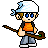 Pixel art character with light brown hair, blue eyes, white headband with blue stripe, orange shirt, black vest, gray pants, and a wooden staff with green tip.