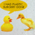 Yellow rubber duck icon with speech bubble containing unreadable text, two ducks facing each other on light gray background.