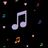 Pixelated musical notes in white, green, orange, and red float against a black background with scattered colored dots.