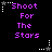 Pixelated text 'Shoot For The Stars' in purple with white star icons on black background, arranged in two of three
