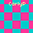 Pixelated pattern with alternating cyan and pink squares, four instances of yellow text 'CarlyP' overlaid on the design.