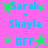 Pixelated pink background with blue text and green star icons showing 'Sarah + Shayla = BFF' in two , stars animate between solid and faded states