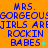 Animated orange background with blue text repeating 'MRS. GORGEOUS GIRLS ARE ROCKIN BABES' and cyan plus signs, showing subtle animation changes in the symbols.