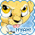 Pixelated cartoon lion cub with yellow fur, large eyes, and pink tongue sticking out, wearing blue garment with 'NYAH!' text.