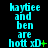 Cyan text on black background reads 'kaybee and ben are hott xD' with green plus, star, or colon symbols replacing the final character across frames.