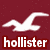 Maroon background with two white seagull silhouettes and a small white triangle symbol above them, featuring the text 'hollister' in bold lowercase letters.