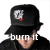 Pixelated image of a person wearing a black bucket hat with a small white and red emblem on the front, standing against a plain background.