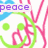Pixelated icon with pink scribbles, green dots, blue hearts, and purple text reading peace, love, happiness on white background.