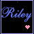 Pixelated blue cursive text 'Riley' on black background with a pink heart icon below it, bordered by light purple frame.