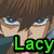 Pixelated anime-style character with brown hair and blue eyes, wearing a dark blue shirt, with green text reading "Lacy" overlaid.