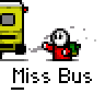 Animated contact sheet of a pixel art icon featuring a yellow bus and red-clad stick figure with green object, displayed across 8 frames on gray background.