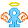 Pixelated angel icon with blue body, yellow halo, and orange-and-white wings; left wing shows 'M' pattern while right wing is solid white.