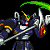 Pixelated robot with dark blue armor, silver chest plate, and yellow accents holds a large sword; green energy arc above head shifts position.