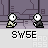 Pixel art animation of two circular-headed figures with black bodies and white eyes, engaging in light saber combat against a purple circuit board background with repeated 'SWEE' text below.