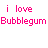 Animated contact sheet showing six frames of a stick figure character blowing bubblegum with pink text repeating "i love Bubblegum" on white background.