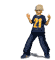 A child in a dark blue uniform with yellow number 21 on the back performs various dynamic poses against a gray background.