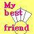 Pixelated static icon with yellow background featuring pink and brown text reading "My best friend" alongside a white balloon-like shape with green stem.