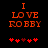 Red pixelated text "I LOVE ROBBY" on black background with five red hearts below, two versions showing heart animation changes.