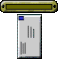 Four pixelated frames of a yellow and black rectangular device with white paper emerging from it, showing sequential animation states.