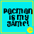 Four identical cyan square with yellow borders display black pixelated text "Pacman is my game!" and a yellow Pac-Man icon in the bottom-right corner of each