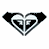 Black and white pixelated icon featuring a heart-shaped symbol with stylized 'R' letters inside, next to the word "ROXY" in handwritten-style text.