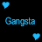 Pixelated blue text 'Gangsta' appears twice on a black background, surrounded by four blue heart icons.
