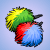 Animated contact sheet of a Neopets-themed buddy icon featuring three colorful pom-poms with yellow, green, red, and blue sections against a light blue background.