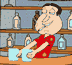 Animated cartoon character in red shirt stands behind bar with bottles, holding light blue glass as facial expression changes from neutral to smiling.