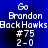 Blue background with white pixelated text reading "Go Brandon BackHawks #75 2-0" in four identical arranged in a