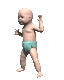 Animated baby figure in turquoise diaper performing sequential movements against gray background.