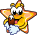 Yellow star-shaped character with orange accents, white eyes, black pupils, and a brown chest holding a blue cloud-like object.