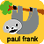 Pixelated gray sloth hangs from brown branch with green foliage, smiling face on yellow background, black text 'paul frank' below.