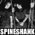 Animated contact sheet of a black-and-white Spineshank band icon showing repeated frames with the text "SPINESHANK" overlaid in bold white letters across multiple rows, featuring a central figure holding a microphone and wearing a necklace.