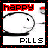 Pixelated cartoon face with a smile, red 'happy' text at top left and red 'PILLS' text at bottom right on white background.