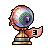 Pixelated trophy with a reflective globe on top, mounted on a multi-tiered base featuring red and brown accents.