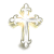 Five identical silver crosses with golden outlines arranged in a on white background, each featuring ornate arms and central shaft