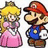 Pixelated characters Mario and Princess Peach stand side-by-side on a white background, with blue text reading 'paper mario rules!!!' on a pink background to the right.