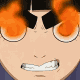 Animated sequence of a cartoon character's face with orange hair, black sunglasses, and a wide grin showing teeth, set against a dark blue background.
