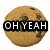 Six circular chocolate chip cookies with text overlays in various colors and styles, arranged in a