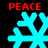 Four cyan snowflakes with red 'PEACE' text above and below each, displayed on a black background.