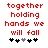 Red pixelated text reads 'together holding hands we will fall' above five black and gray puzzle-piece icons on white background.