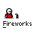 Animated contact sheet showing 22 sequential frames of a pixel art character setting off fireworks, with the word "Fireworks" beneath each frame on a gray background.