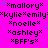 Static image with bright pink background displaying repeated text in black pixelated font, including names and 'BFF's' with small blue stars scattered throughout.