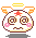 Pixelated cartoon head with spiral eyes, pink cheeks, red star on forehead, orange ears, yellow halo, and changing mouth expressions