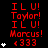 Red text and white stars on black background with gray rectangle, repeating 'IL U!', 'Taylor!', 'Marcus!', and '<333' in pixelated font across multiple