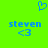 Blue pixelated heart symbol above two identical blue text blocks reading 'steven' with '<3' below each on a bright green background.