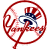 Red circular outline encloses a stylized baseball player in blue and white, with red script-like elements on the left side.