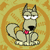 Pixelated cartoon dog with pink collar in two animation frames showing tail movement against yellow-orange circular background.