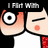 Pixelated cartoon face with one eye open and one eye closed, red hair, red collar, and text reading "I Flirt With" and "And he Likes It".